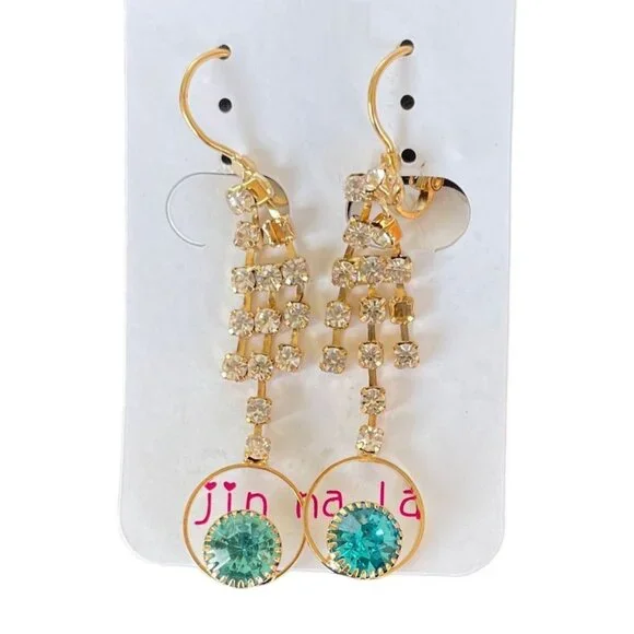 Dangling Gold-Plated Earrings w/Aqua and Clear Rhinestone Accents by Jin na la - Picture 7 of 7